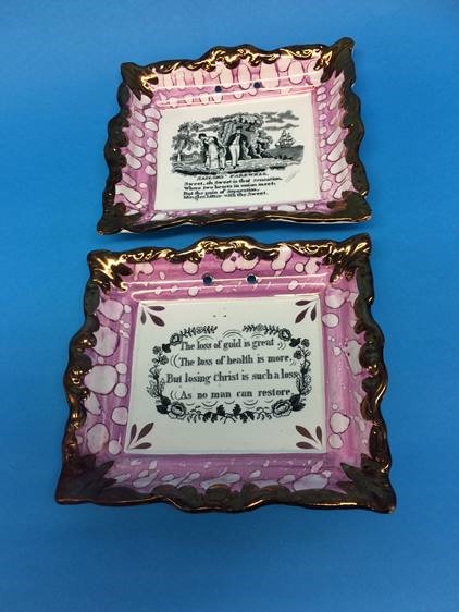 Two Sunderland purple lustre plaques 'Sailors Farewell' and another 'The Loss of Gold is great'