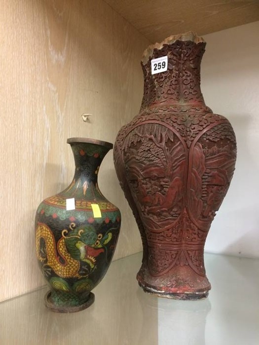 Cinnabar vase and one other