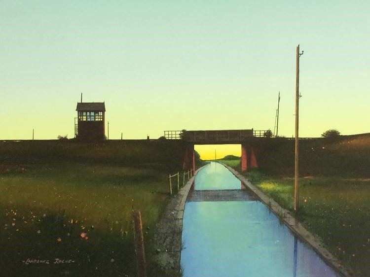 Acrylic on board, Laurence Roche, 'View of a Canal', 37 x 32cm - Image 4 of 5