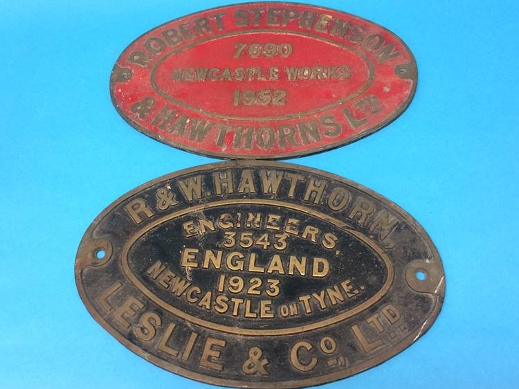 A 'Robert Stephenson and Hawthorn Ltd, 7690, Newcastle Works 1952' name plate and another R. and