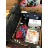 Two boxes of assorted bags, scarves, fishing reels and a socket set