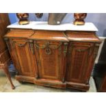 A decorative Louis XV style marble top three door side cabinet with parquetry decoration and gilt