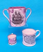 A Sunderland lustre tankard 'Remembrance' to William Nicholson, July 15th 1848 and two others (3)