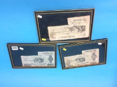 Three £5 notes from Durham, Darlington and Stockton banks, framed