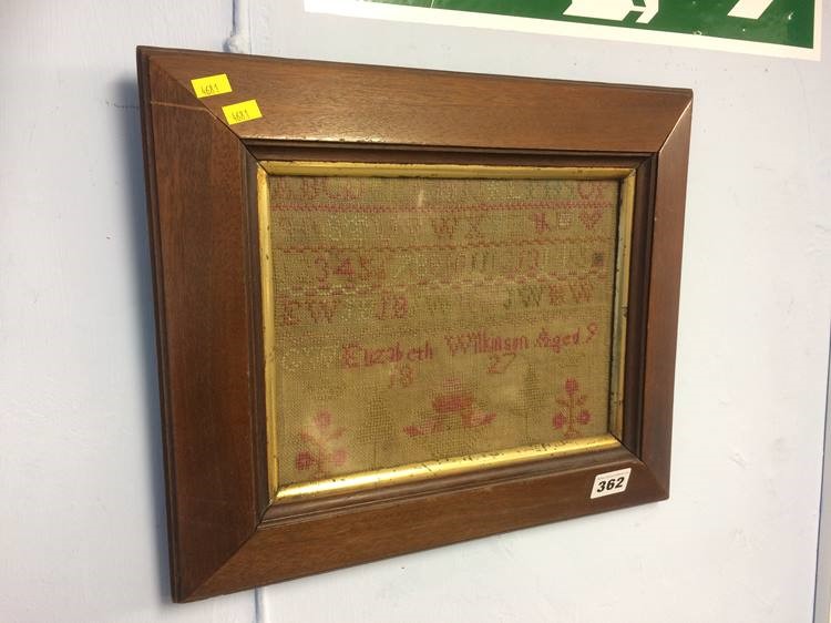 A mahogany framed sampler, Elizabeth Wilkinson, aged 9, 1827