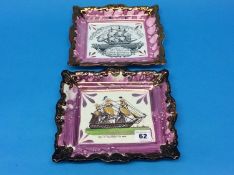 Two Sunderland purple lustre 'Duke of Wellington 131 Guns' and a Dixon plaque 'May Peace and