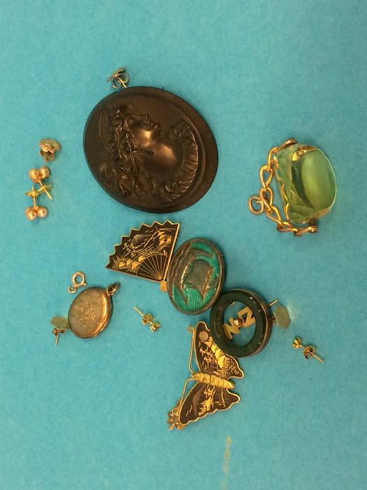 A silver enamelled brooch, citrine fob etc.