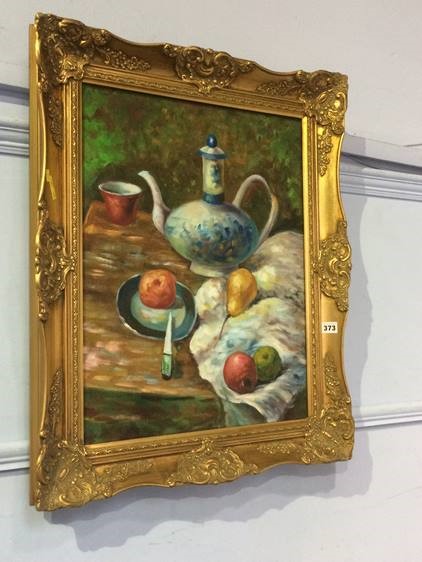 Oil on canvas, Still Life, 'Study of fruit and a tea pot'