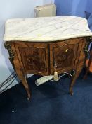 A Louis XV style marble top serpentine fronted two door cabinet, 93cm wide
