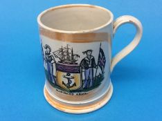 A 19th century Sunderland orange lustre 'frog' tankard 'Mariners Arms', 'The Unfortunate London'