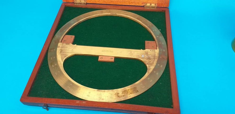 J. Halden and Co Ltd (Manchester) circular brass protractor in a mahogany case, two rules and a - Image 2 of 5