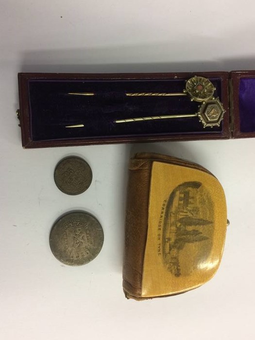 Two pins and a Mauchline ware purse