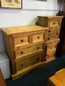 A pine chest of drawers and two bedside chests