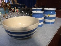 Three T. G. Green storage jars and a mixing bowl