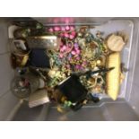 Box of assorted costume jewellery, silver brushes etc.