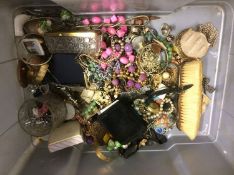 Box of assorted costume jewellery, silver brushes etc.