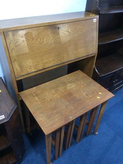 Teak nest of tables and oak bureau