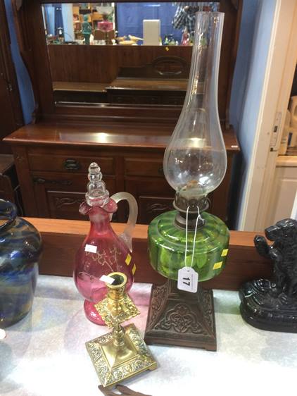 Oil lamp, decanter and a candlestick