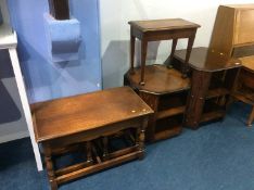 Oak nest of tables, stools and two tier occasional tables