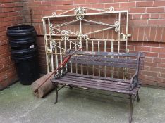 Garden bench, garden roller and wrought iron gates