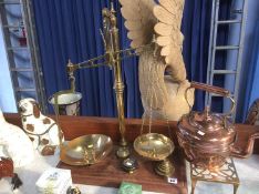 Set of Scales, trivet, copper kettle and weights