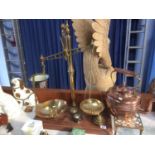 Set of Scales, trivet, copper kettle and weights