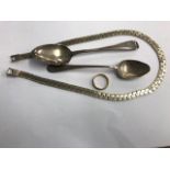 Two silver spoons, a 9ct gold wedding band etc.
