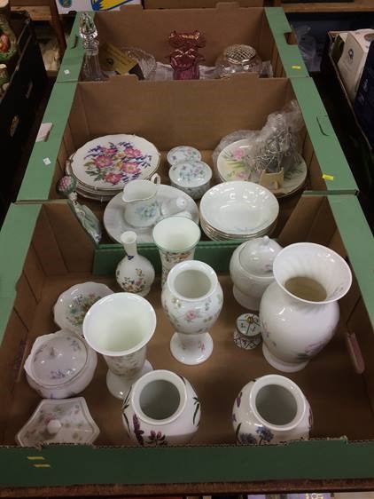 Three trays of assorted china and glass