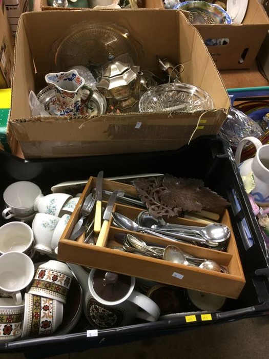 Three trays of assorted china, glass, plate etc.