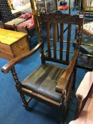 An oak barley twist carver chair