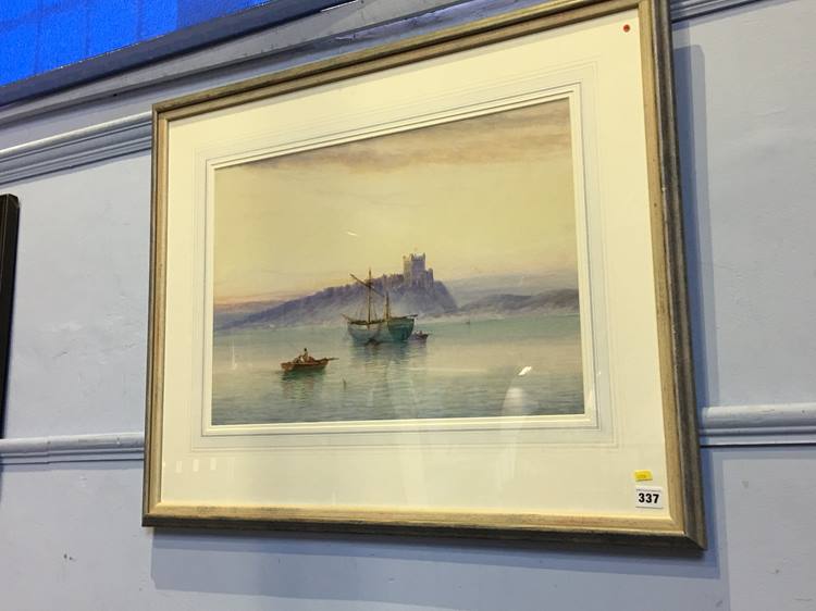 William Baker (1865 - 1938), watercolour, signed, 'Sailing vessel in calm waters with castle in