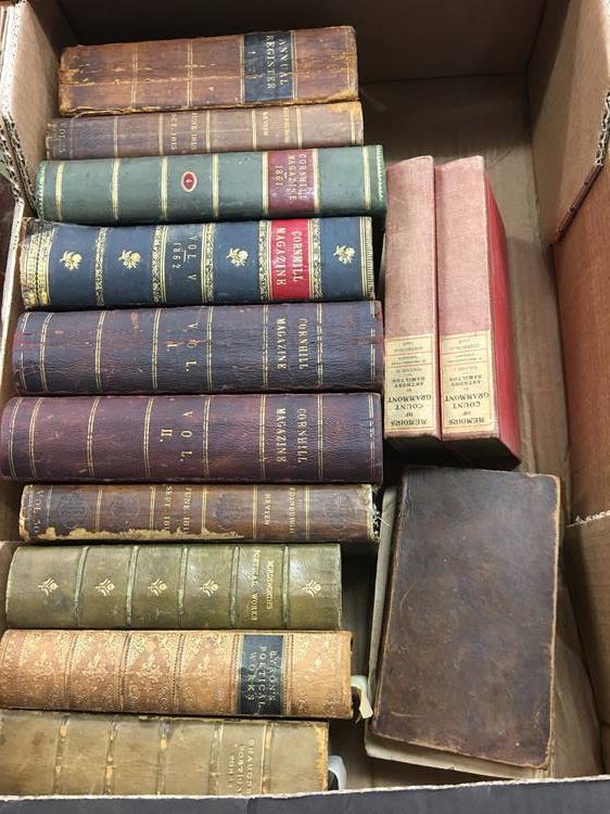 Collection of various mostly leather bound books together in one box, to include 4 volumes, Cornhill