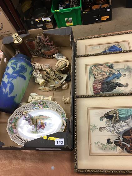 Reproduction telescope, Galle style vase etc. and 3 prints