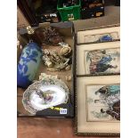 Reproduction telescope, Galle style vase etc. and 3 prints