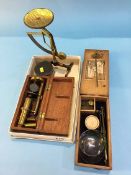 Set of postal scales, a compass, a field microscope and a set of balance scales