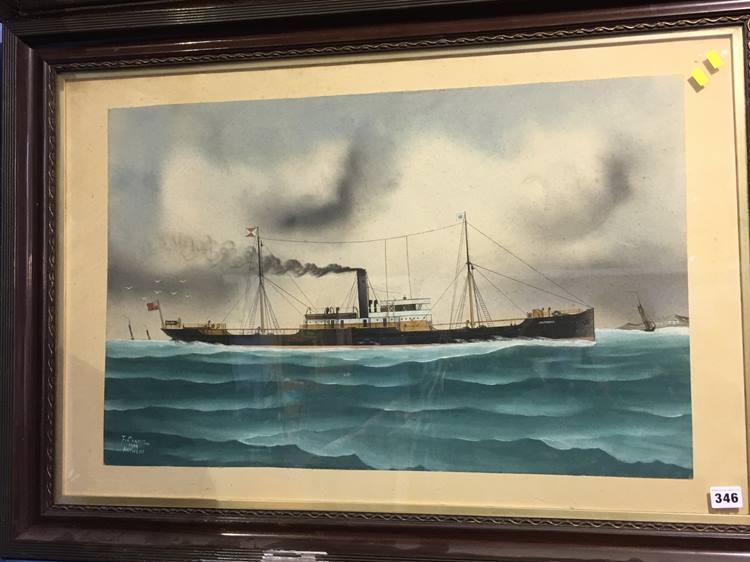 F. Corpuz, watercolour, signed, dated 1909, 'Steamship Invergyle' (Antwerp), 44 x 69cm
