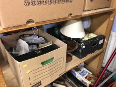Three boxes of assorted including cake stands etc.