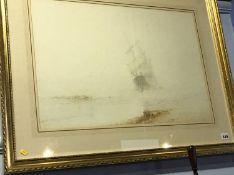 William Baker (1865 - 1938), watercolour, signed, 'Misty coastal scene with stranded ship', 41 x