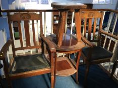 Pair of oak carver chairs, a stool and an occasional table