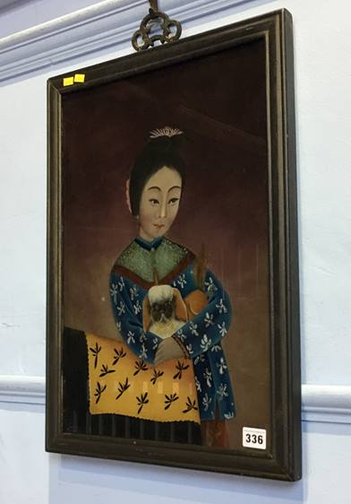 Chinese painting on glass of a lady holding a Pekinese dog, 48 x 34cm