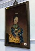 Chinese painting on glass of a lady holding a Pekinese dog, 48 x 34cm