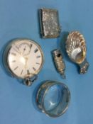 A silver pocket watch, caddy spoon, vesta etc.