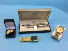 Two Parker Pens, pair of cufflinks and two gents wristwatches