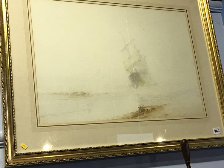 William Baker (1865 - 1938), watercolour, signed, 'Misty coastal scene with stranded ship', 41 x - Image 2 of 2