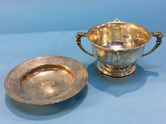 A silver saucer and a two handled bowl, marks rubbed, 263g