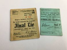 A 1937 FA Cup Final Sunderland v Preston North End ticket stub and a 1937 FA Cup Semi-Final