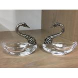 Pair of silver and cut glass swan table salts
