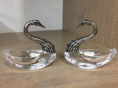 Pair of silver and cut glass swan table salts