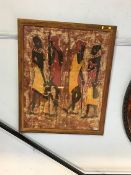 Mid 20th century African school, acrylic on canvas, 'Two tribesmen and their wives'