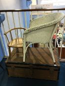 Lloyd Loom chair and child's chair and a trunk